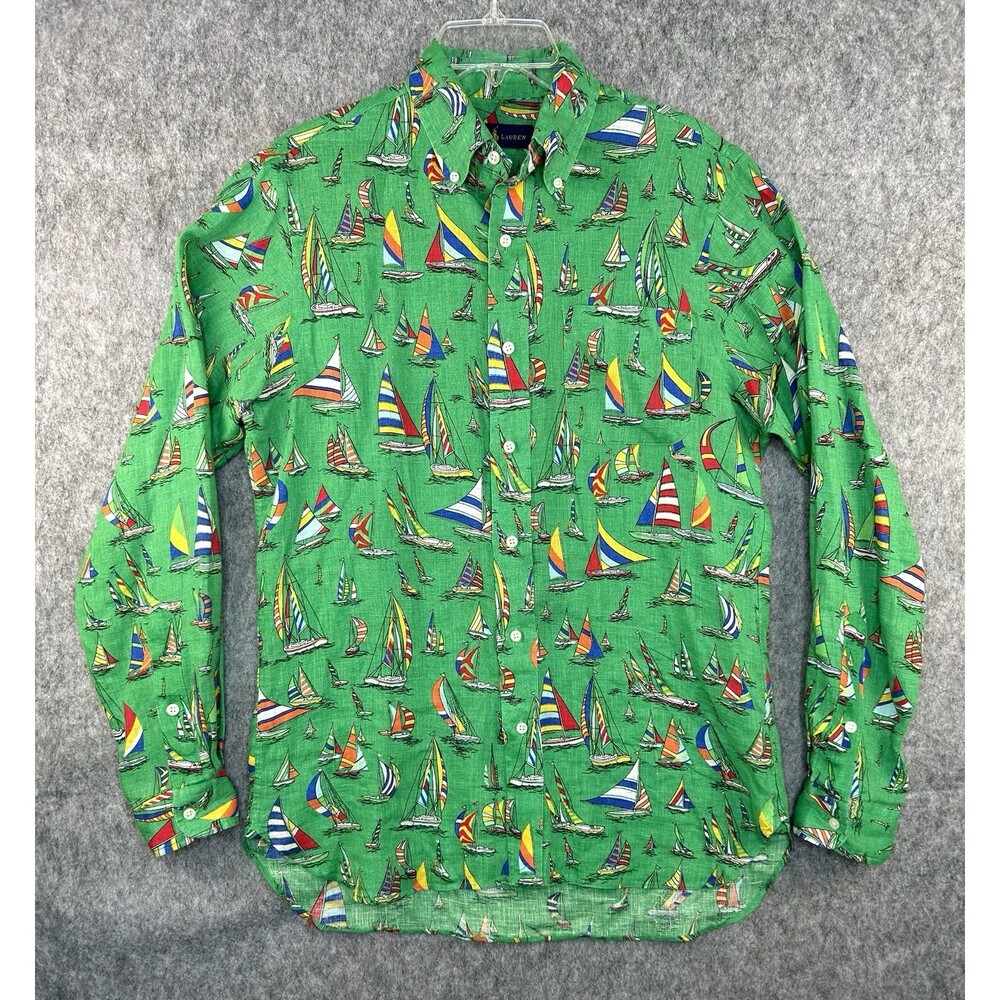 Ralph Lauren Men's 100% Linen Shirt Green Sailboat Long Sleeve Nautical Sz S